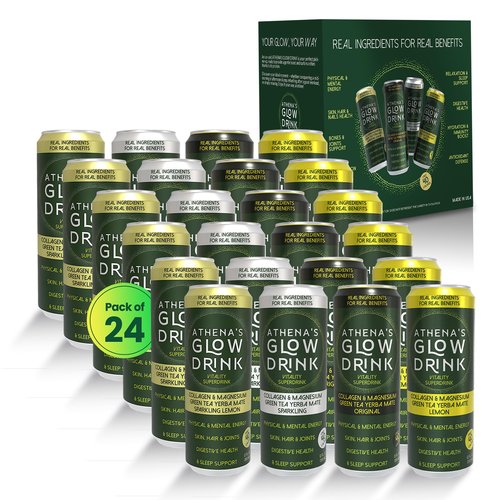Athena's Glow Vitality Drink, Green Tea with Collagen & Magnesium, 100mg Natural Caffeine, 40 Calories, 12oz Cans, Superdrink Variety Pack (All 4 Flavors), 24-Pack