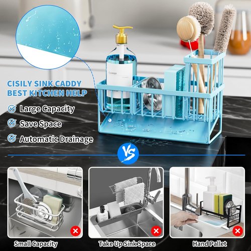 Cisily Kitchen Sink Caddy Organizer - Rustproof 304 Stainless Steel with Brush & Sponge Holder | Blue Home Decor