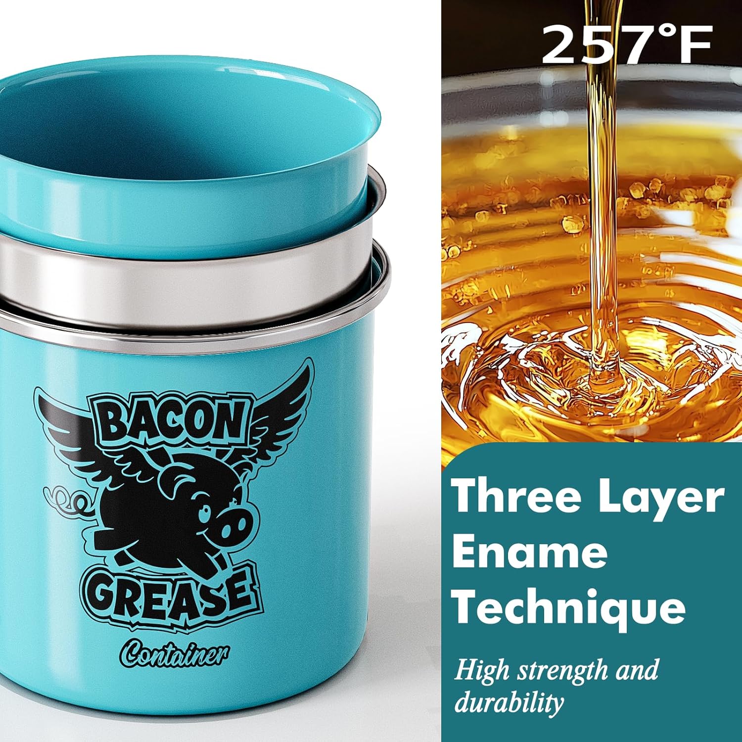 PGYARD Mini Bacon Grease Container - 15oz Enamel Strainer for Farmhouse Kitchen (Light Blue)