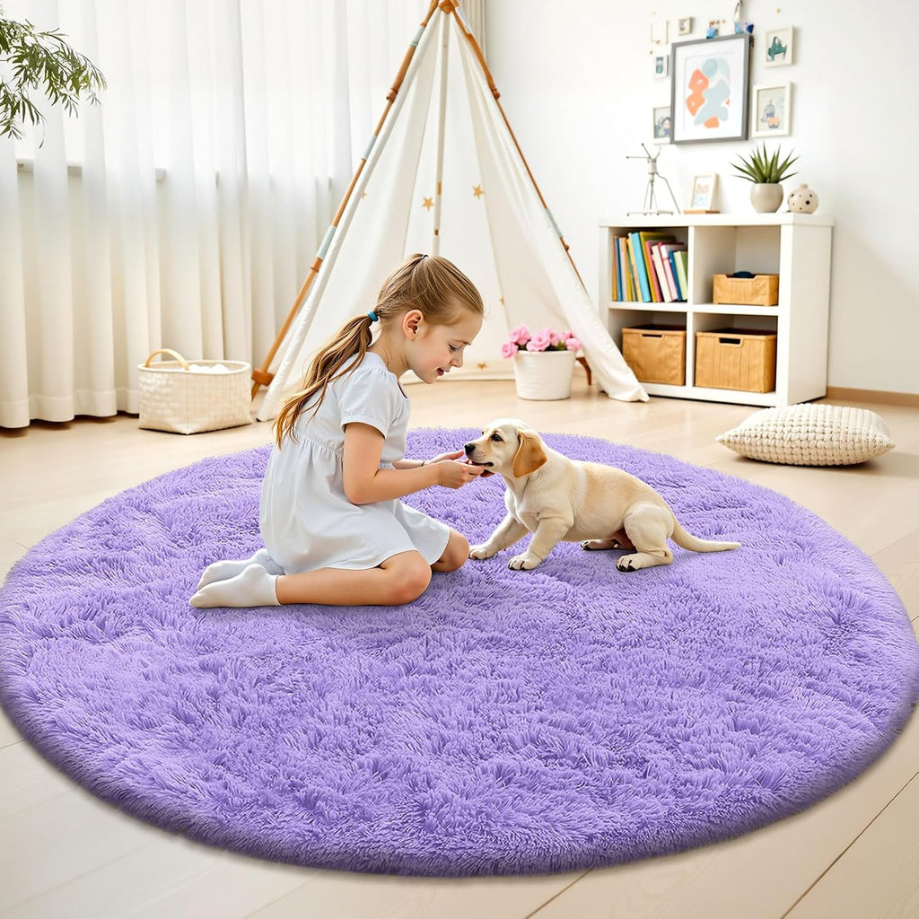 OLANLY Round Light Purple Area Rug - Soft, Fluffy, Machine Washable 4 ft Carpet for Bedrooms & Nurseries