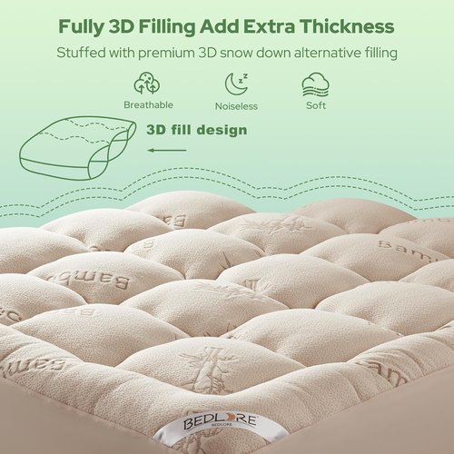 BEDLORE Full Size Mattress Topper - Breathable Bamboo Viscose Pillow Top for Back Pain Relief | Beige, Fits 6"-15" Mattresses