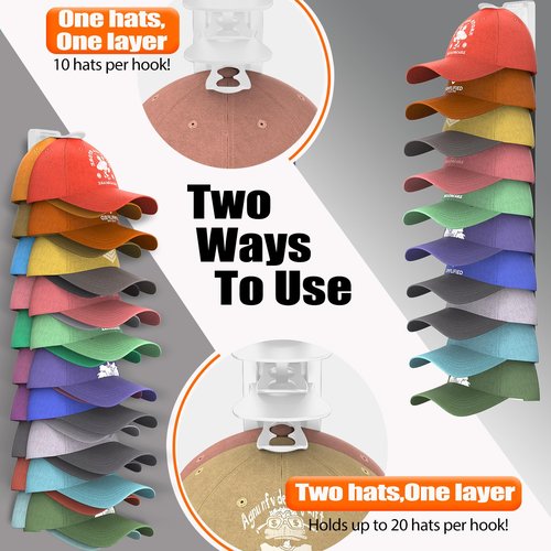 HeQe Hat Organizer for Baseball Caps Hold Up to 40 Hats, 2 Pack Hat Rack for Wall, Strong Adhesive Hat Storage Display Holder(White-2 Pack)