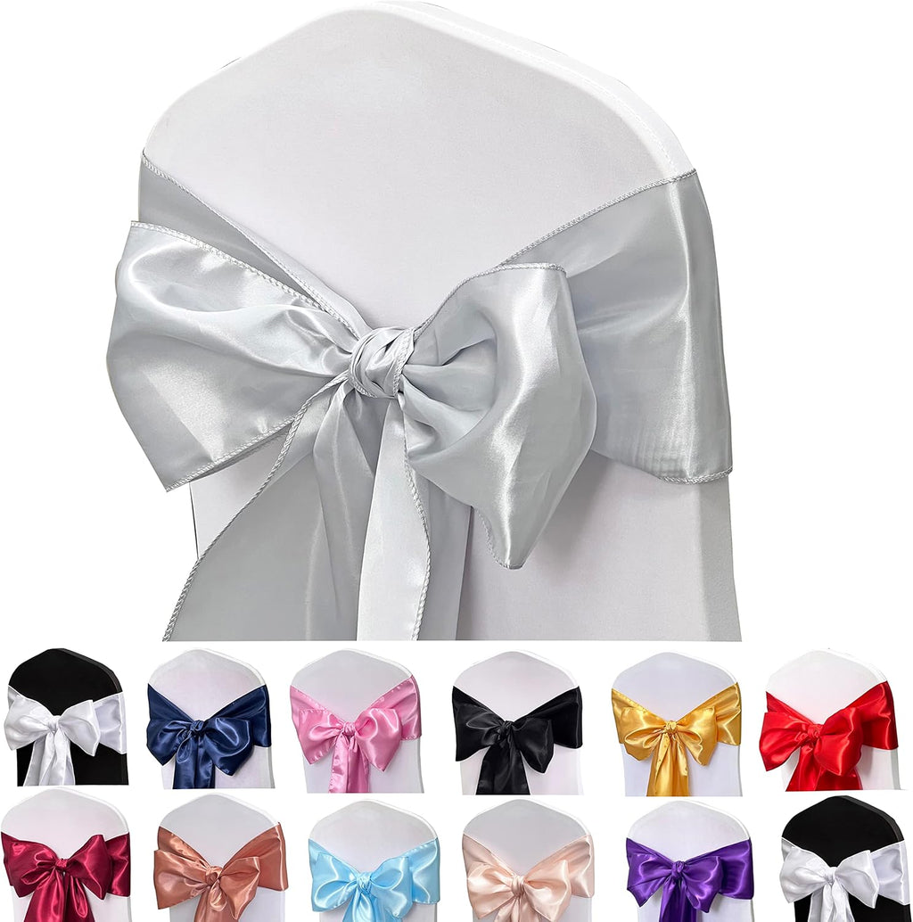 Skiennix Satin Chair Sashes - 50PCS Elegant Ribbon Ties for Wedding & Event Decor | Silver