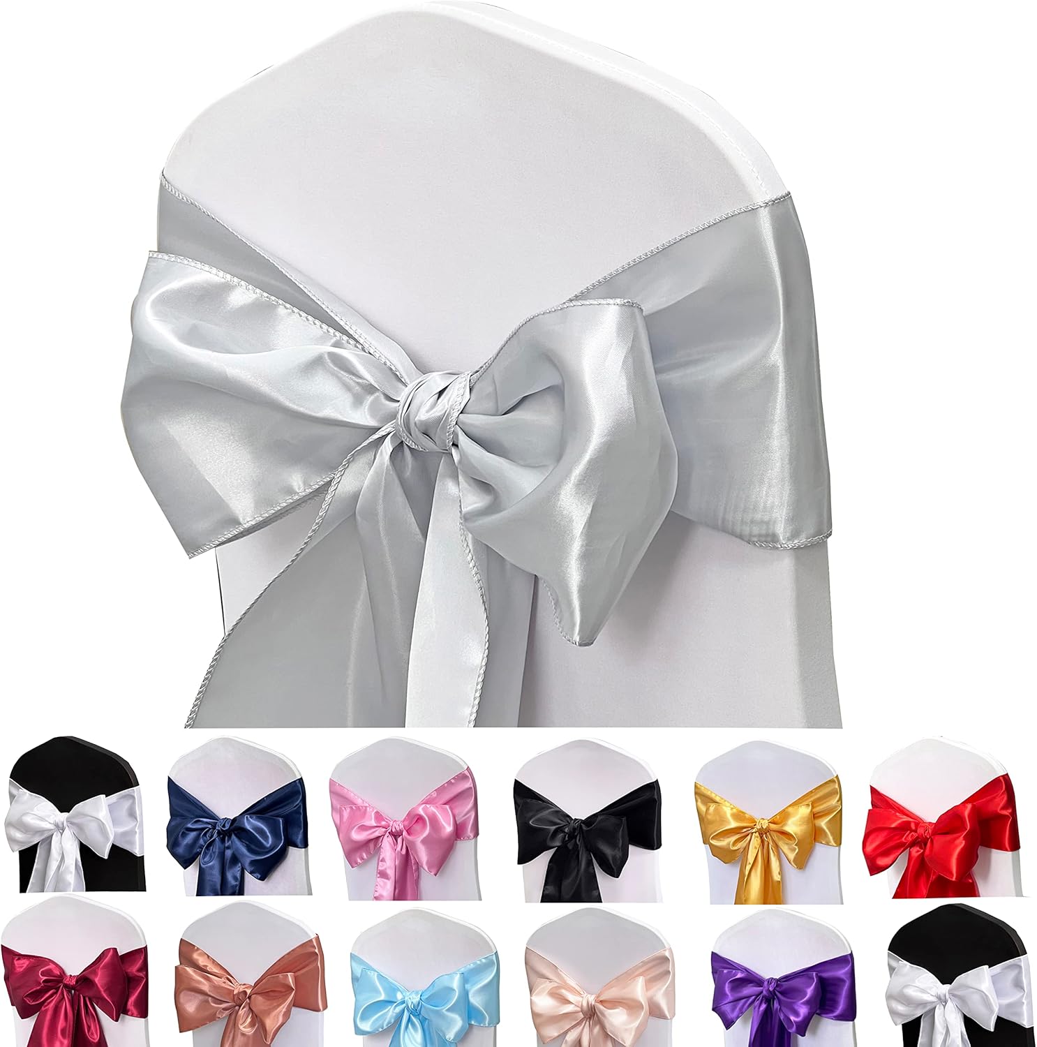 Skiennix Satin Chair Sashes - 50PCS Elegant Ribbon Ties for Wedding & Event Decor | Silver