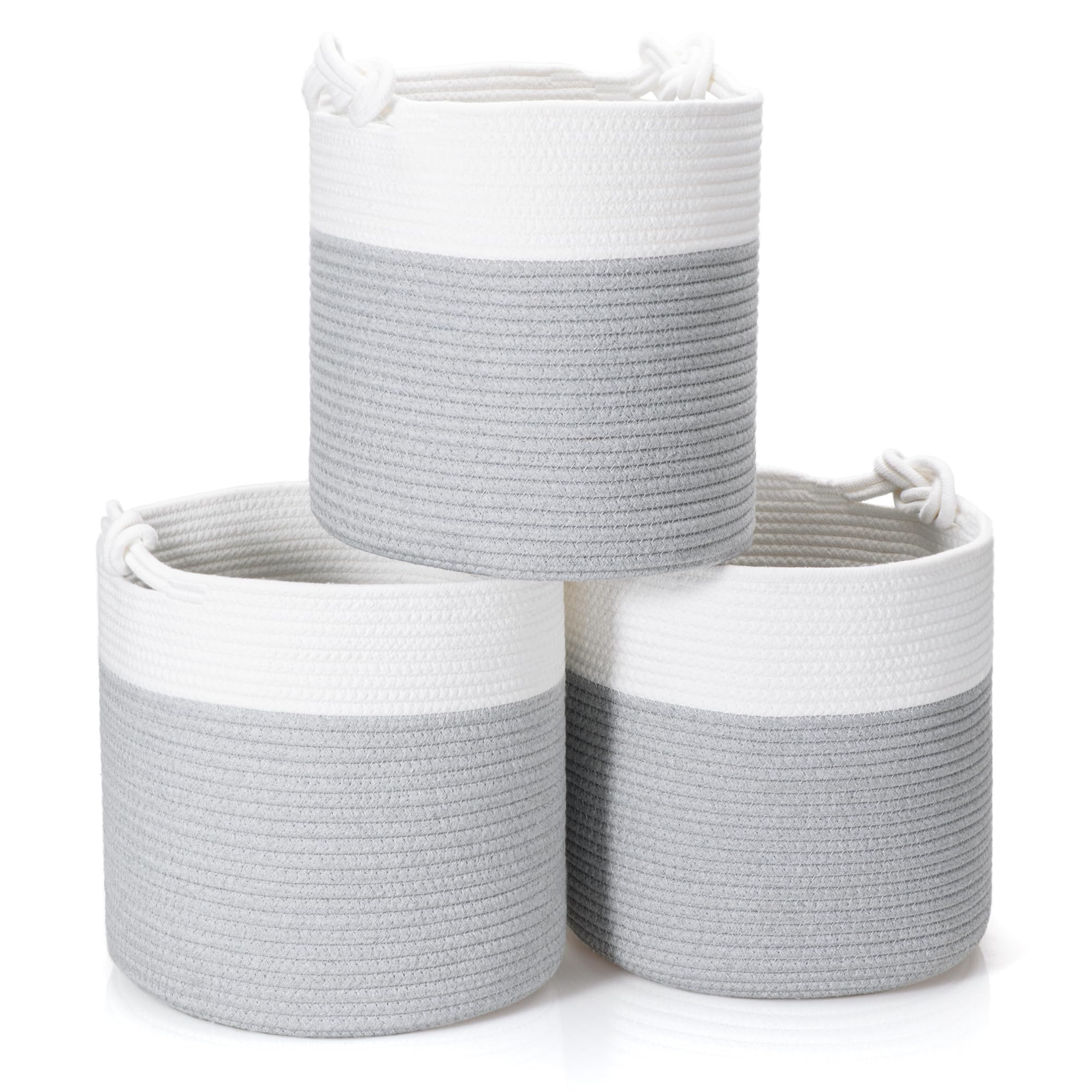CLHMILY&Z 3 Pack Round Woven Cotton Storage Bins 11x11x11 Inch Collapsible Organizer Baskets for Cube Shelves Kids Room Closet and Home Decor Soft Durable Washable, grey