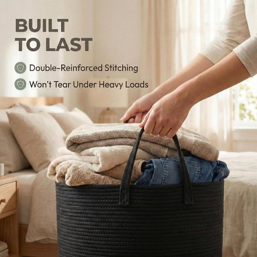 **JMvicyroam 65L Extra Large Woven Cotton Rope Blanket Basket - Stylish Laundry Hamper with Reinforced Handles | Machine Washable, Black**