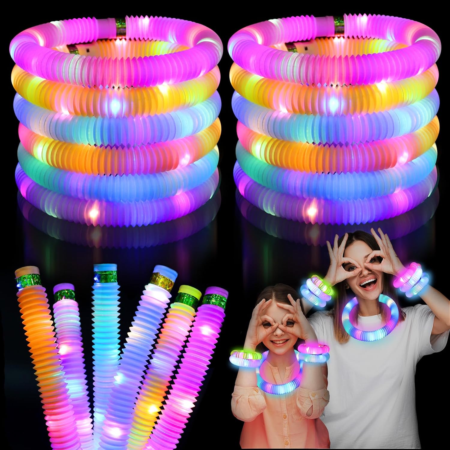Skiennix Glow Sticks Fidget Pop Tubes - 24 Pack Glow in The Dark Sensory Toys for Kids | Perfect Party Favors