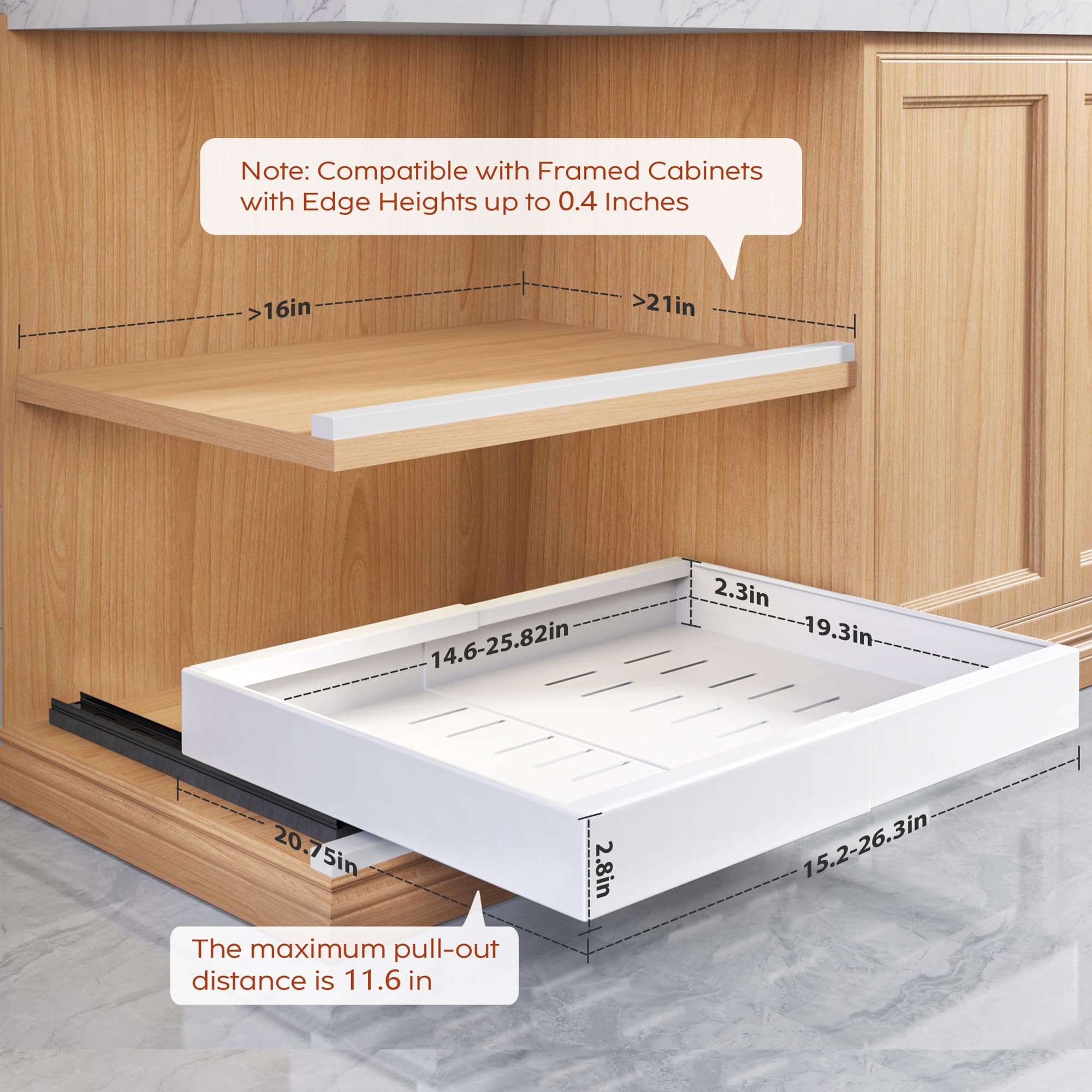 Seinloes 2 Pack Pull Out Cabinet Organizers 21" Deep With Raising Pad for Framed Cabinets, Expandable Width (15.2"-26.3") Slide Out Drawers Upgrade 3 Slide Rails, Roll Out Shelves Adhesive, White