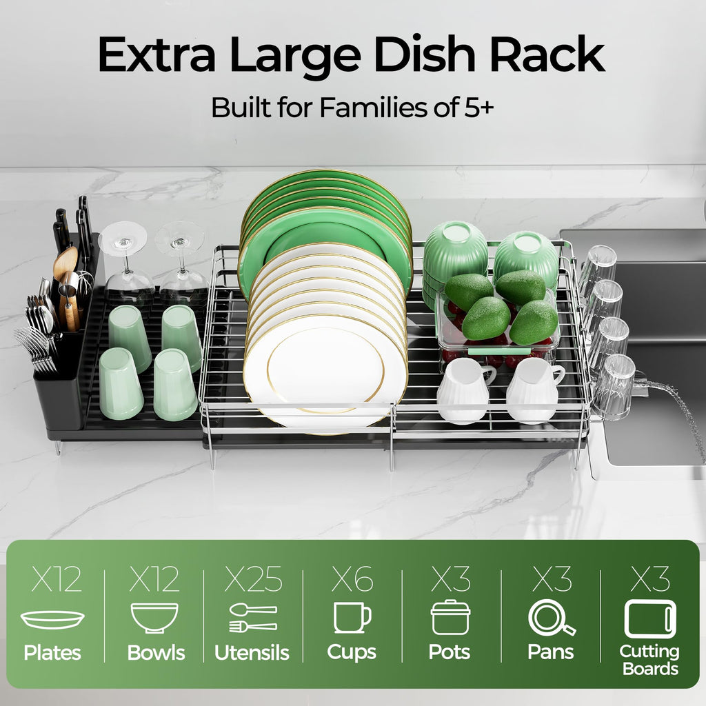Pantasia Large Dish Drying Rack, Expandable Dish Rack, Stainless Steel Anti-Rust Dish Racks for Kitchen Counter, Multifunctional Dish Drainer with Utensil Holder & Cup Holder, 13.4"-28.7" L x 11.8" W