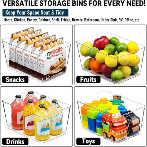 Clear Storage Bins - 12 Pack Large Organizer Bins with Handles & Labels for Home, Kitchen, Bathroom