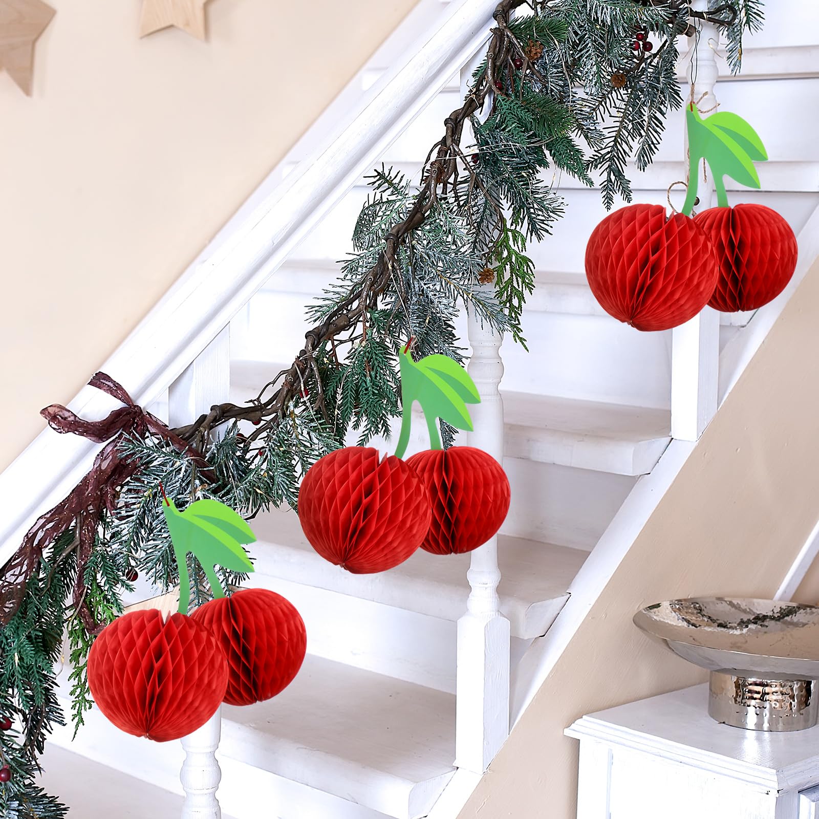 Sonwyoung Cherry Birthday Party Decorations Hanging Paper Honeycomb Cherry Table Centerpieces Paper Lanterns for Ceiling Fruit Party Decor(Red)