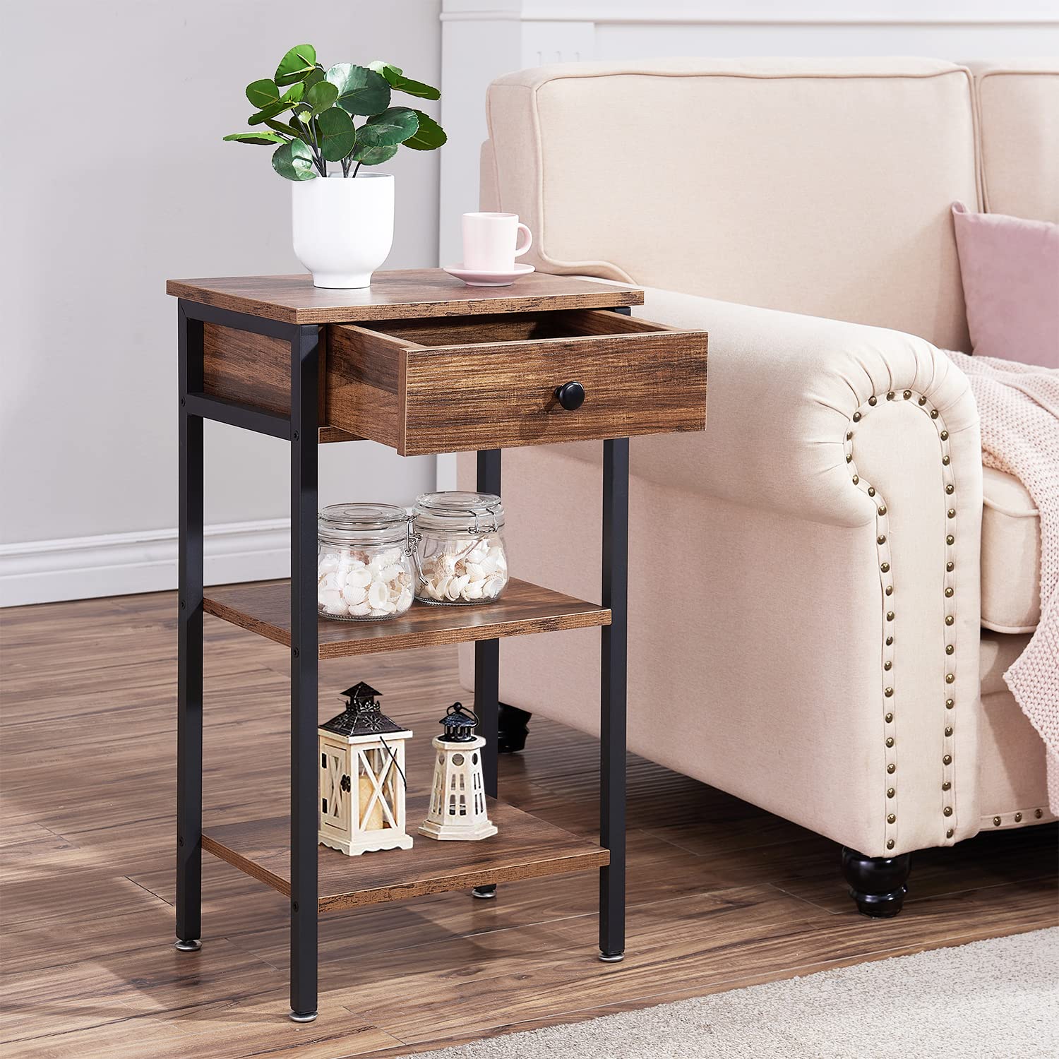VECELO 28 Inch End Table,Industrial Retro Side Table Nightstand Storage Shelf Tall End Table Easy Assembly Nightstand for Living Room Bedroom Kitchen Family and Office Set of 2,Brown