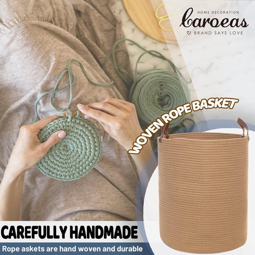 Caroeas XX-Large Cotton Rope Basket - 20'' x 16'' Woven Laundry Hamper with Leather Handles | Brown