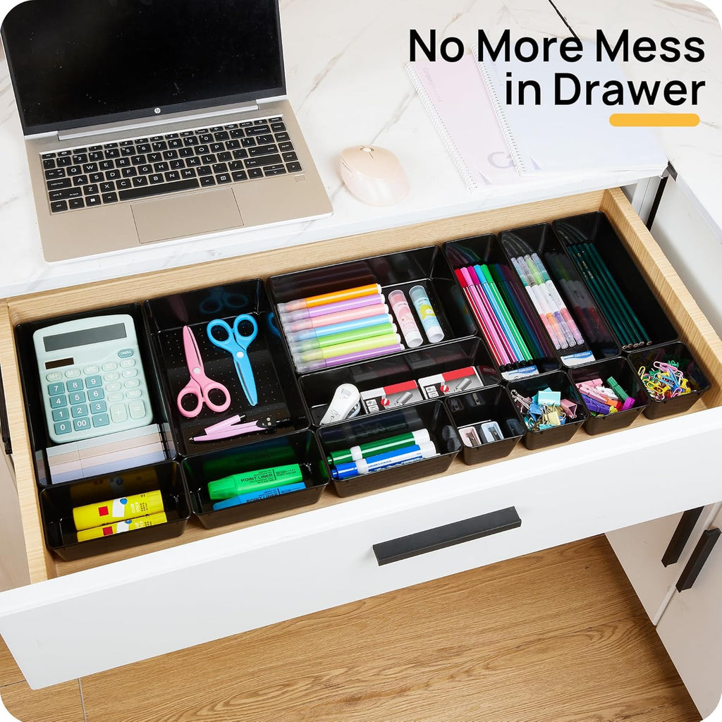 Vtopmart 25 PCS Desk Drawer Organizer Set - Versatile Plastic Storage Bins for Office & Bathroom - Black