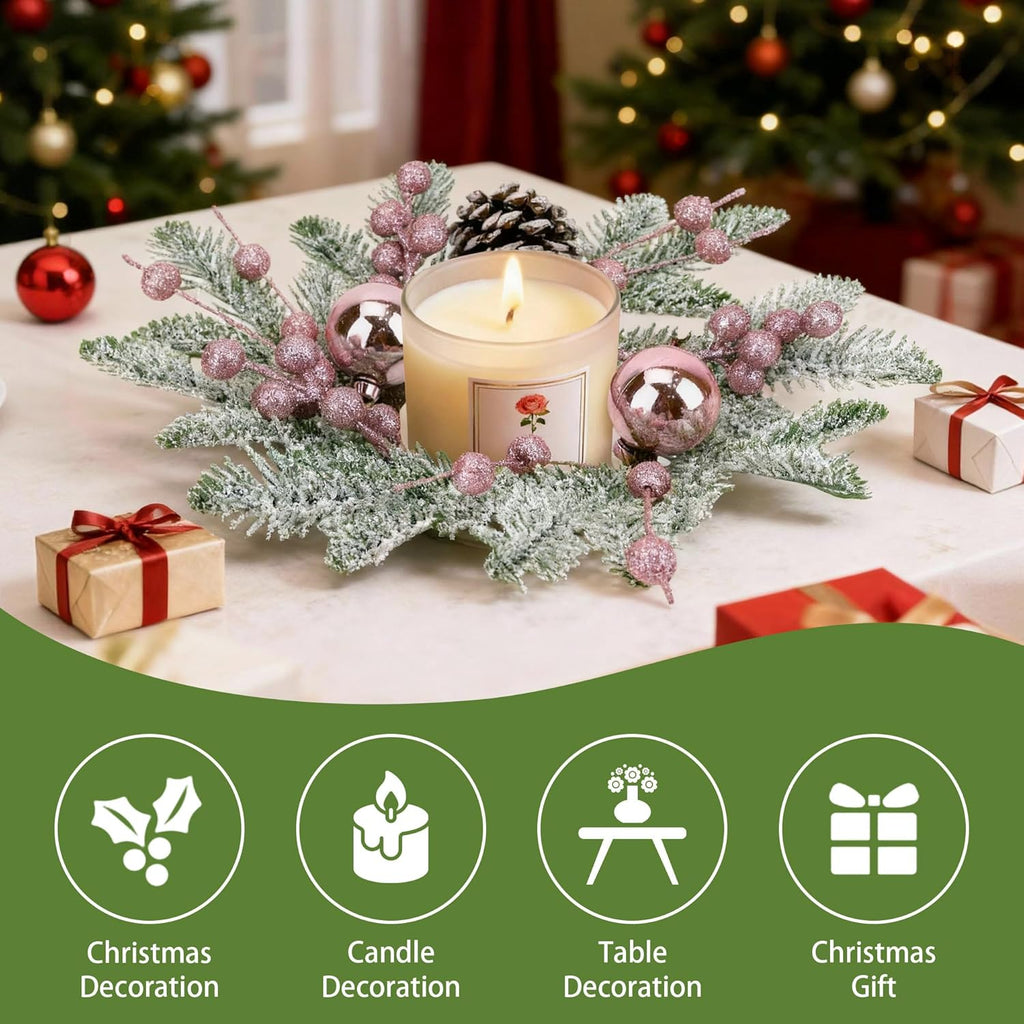 Pink Christmas Candle Rings - 8-Inch Small Wreaths with Pine Cones, Berries & Pine Needles for Holiday Decor