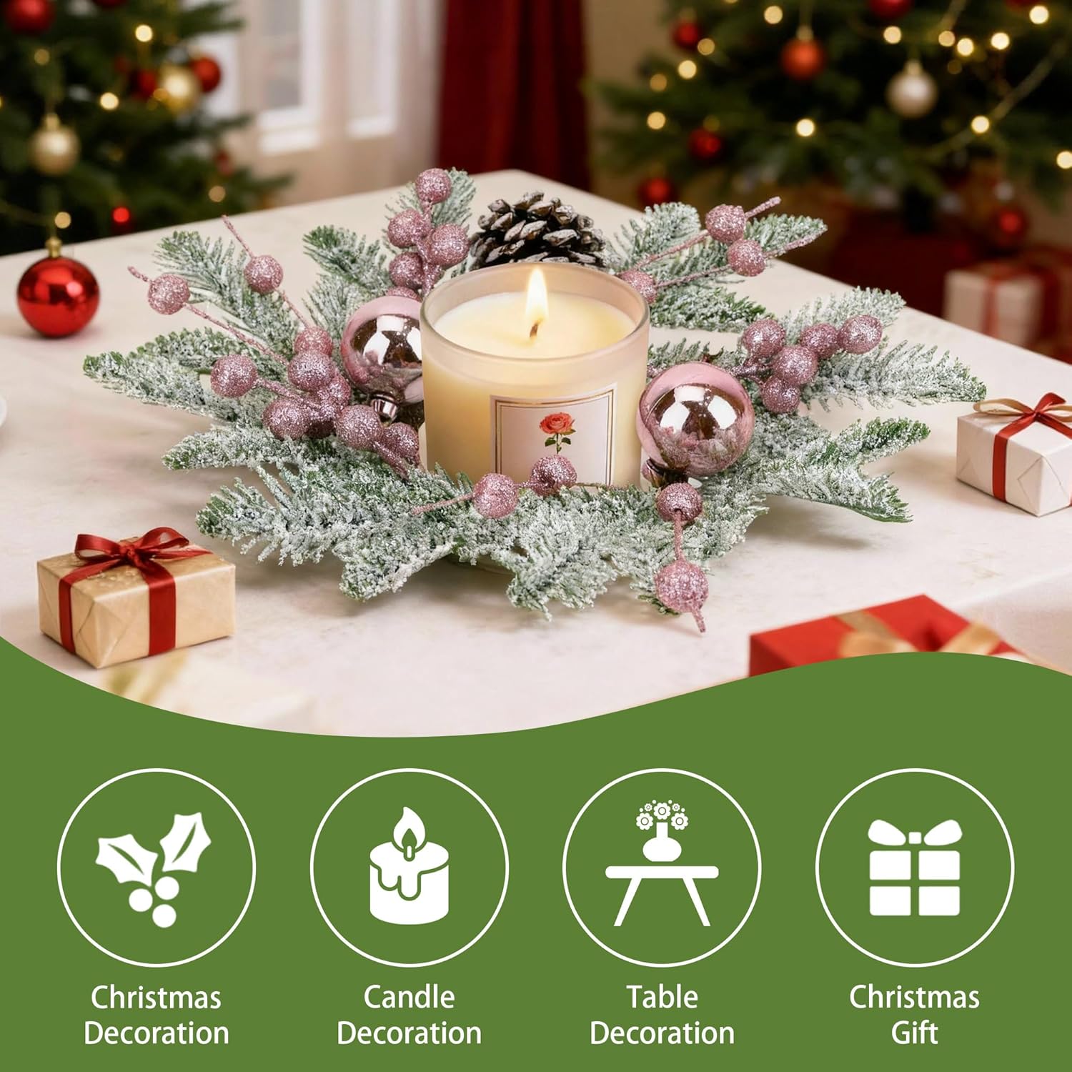 Pink Christmas Candle Rings - 8-Inch Small Wreaths with Pine Cones, Berries & Pine Needles for Holiday Decor