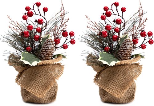 LOHASBEE Mini Christmas Tree - 10-Inch Portable Tabletop Decor with Red Berries | 2-Pack for Holiday Celebrations