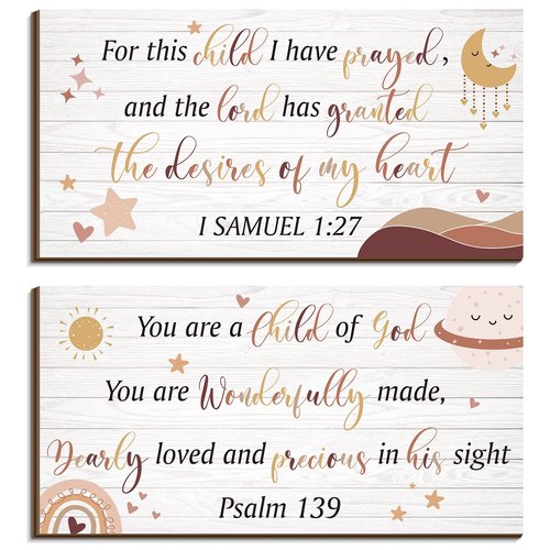 Yookeer 2 Pcs Wood Nursery Wall Decor for Girls Boys Baby Girl Room Decor Nursery Christian Wall Art This Child I Have Prayed Bible Quote Hanging Sign for Kids Home 12 x 6 Inch(Cute)