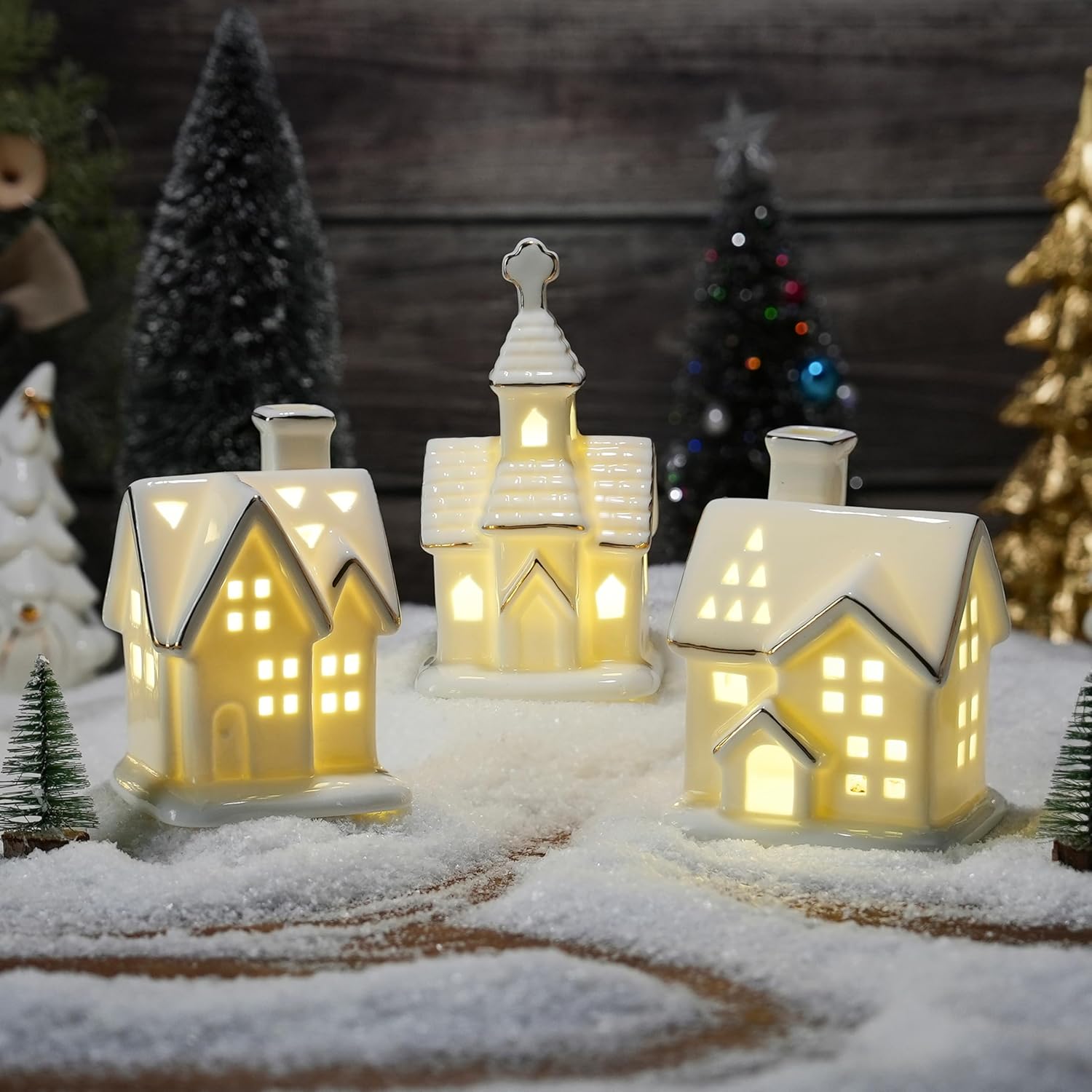 White Christmas Village Houses - 3Pcs Glazed Ceramic Houses with Trees | Light Up Xmas Decor Set