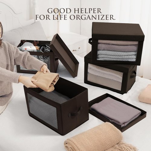 Homsorout Foldable Storage Boxes - Clear Window Fabric Organizers for Clothes | Brown, 3 Pack