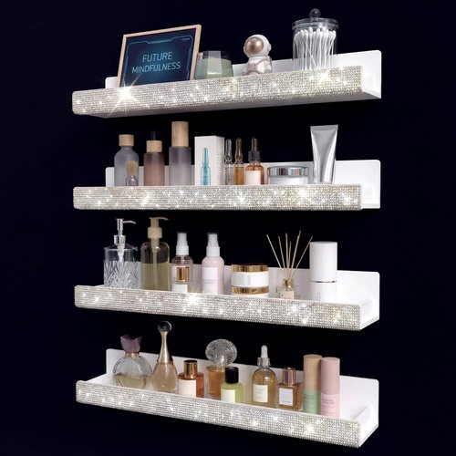 4 Pack 15 Inch Nail Polish Wall Rack，Diamond Crystal Rhinestone Acrylic Nail Polish Organizer，Sunglasses Essential Oil Picture Display Storage Wall Shelf