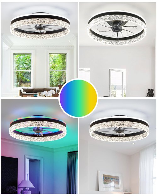 20" Bladeless Ceiling Fan with RGB Light and Remote/APP Control, Flush Mount Ceiling Fans Light with Reversible Mute Motor, Low Profile Enclosed Ceiling Fan for Bedroom/Kids Room/Kitchen (Black)