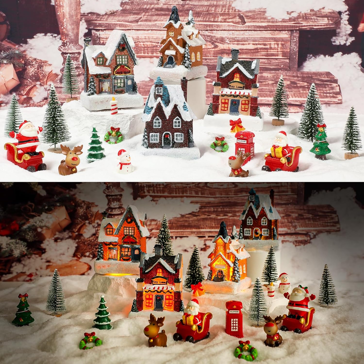 Skiennix 24-Piece Christmas Village Set - LED Light-Up Houses & Figurines for Festive Home Decor