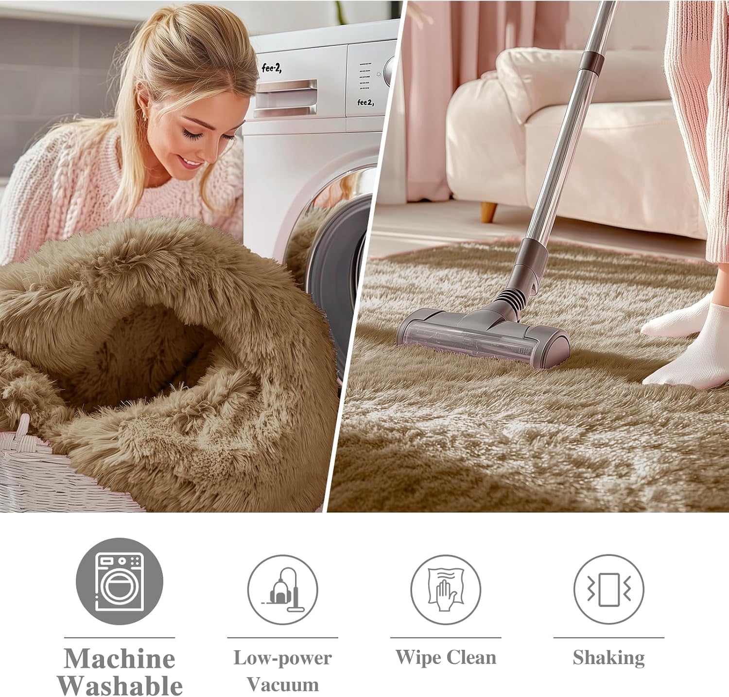 OLANLY Round Area Rug - Soft Taupe Shaggy Carpet, Machine Washable, 5 ft Circle for Bedroom & Living Room Decor