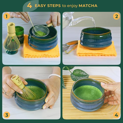 Matcha Gift Set 6 Pcs – Ceramic Bowl, Bamboo Whisk, Whisk Holder, Scoop, Sifter & Cloth – Traditional Japanese Set for Green Tea by Aprika Matcha (Blue)