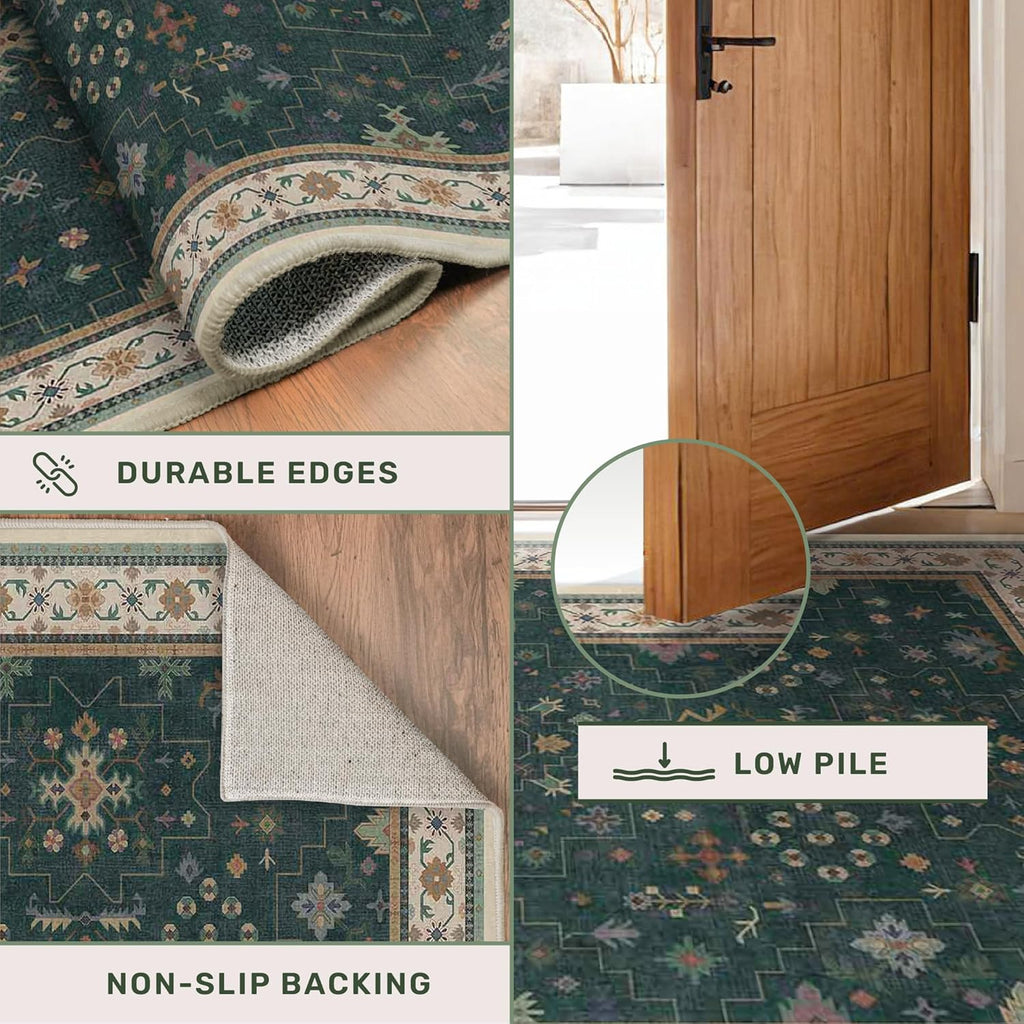 Oushak Dark Green 2x4 Entryway Rug - Modern Vintage Boho Floral Design, Washable Non-Slip Small Area Rug