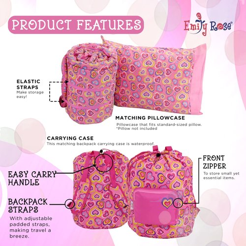 Emily Rose Playful Hearts Kids Sleeping Bag Set 3 Piece – Pink Hearts Slumber Sack, 100% Cotton Pillow Case & Backpack Carry Case – Ages 3-12 Nap Mat for Sleepovers Travel