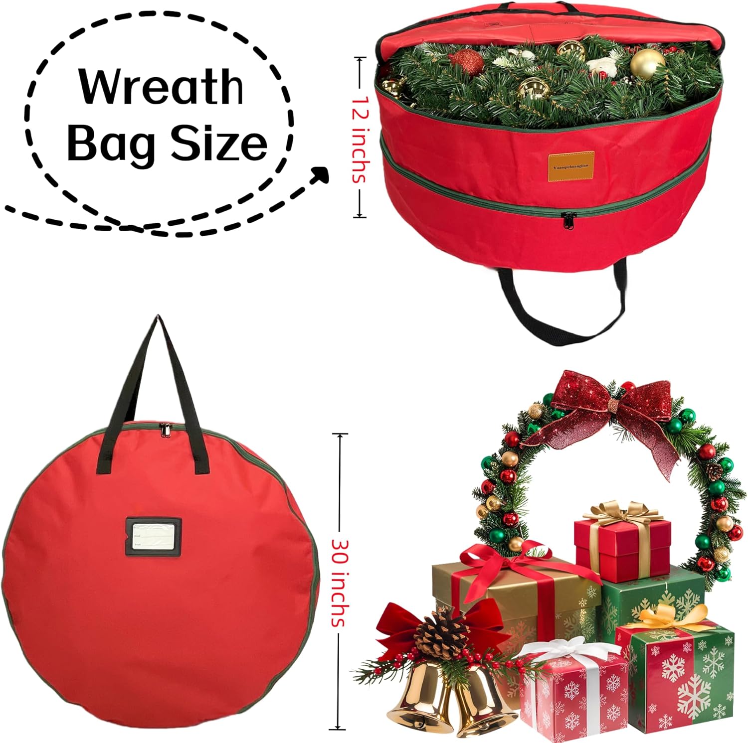 Skiennix Wreath Storage Container - Heavy Duty 600D Oxford Cloth, 30x12 Inch, Red Double Storage Bag for Christmas Wreaths