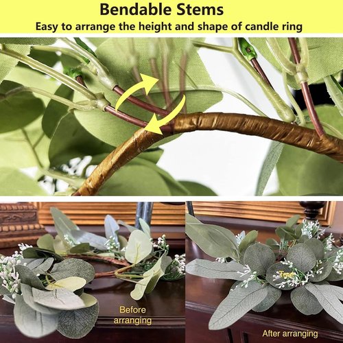 Eucalyptus Candle Rings by [Brand Name] - 2Pcs Boho Wreaths for 3-Inch Pillar Candles | 4-Inch Decor