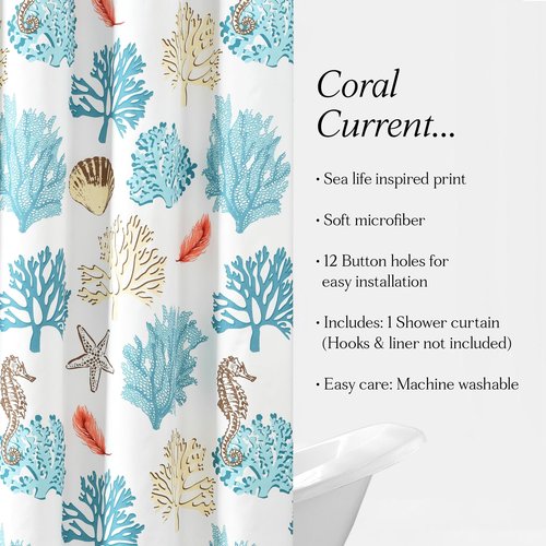 Lush Decor Coastal Reef Feather Shower Curtain, 72" W x 72" L, Blue & Coral - Coastal Shower Curtain - Fabric Curtains - Ocean Bathroom Decor - Beach House - Beachy Room