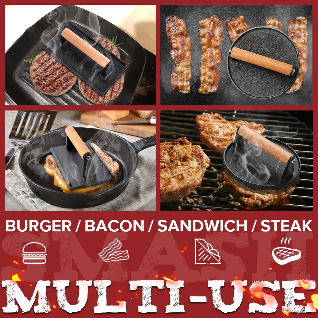 Grilliance Smash Burger Press Kit, 3 in 1 Hamburger Press Patty Maker, Black Cast Iron Burger Press Round & Rectangle, 100pcs Wax Paper for Grill, Griddle, Flat top, Kitchen, Cooking