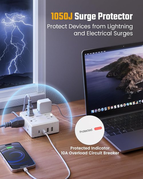 10Ft Extension Cord - Flat Plug Surge Protector Power Strip with 8 Outlets & 4 USB Ports | Ideal for Home Office & Dorm Room