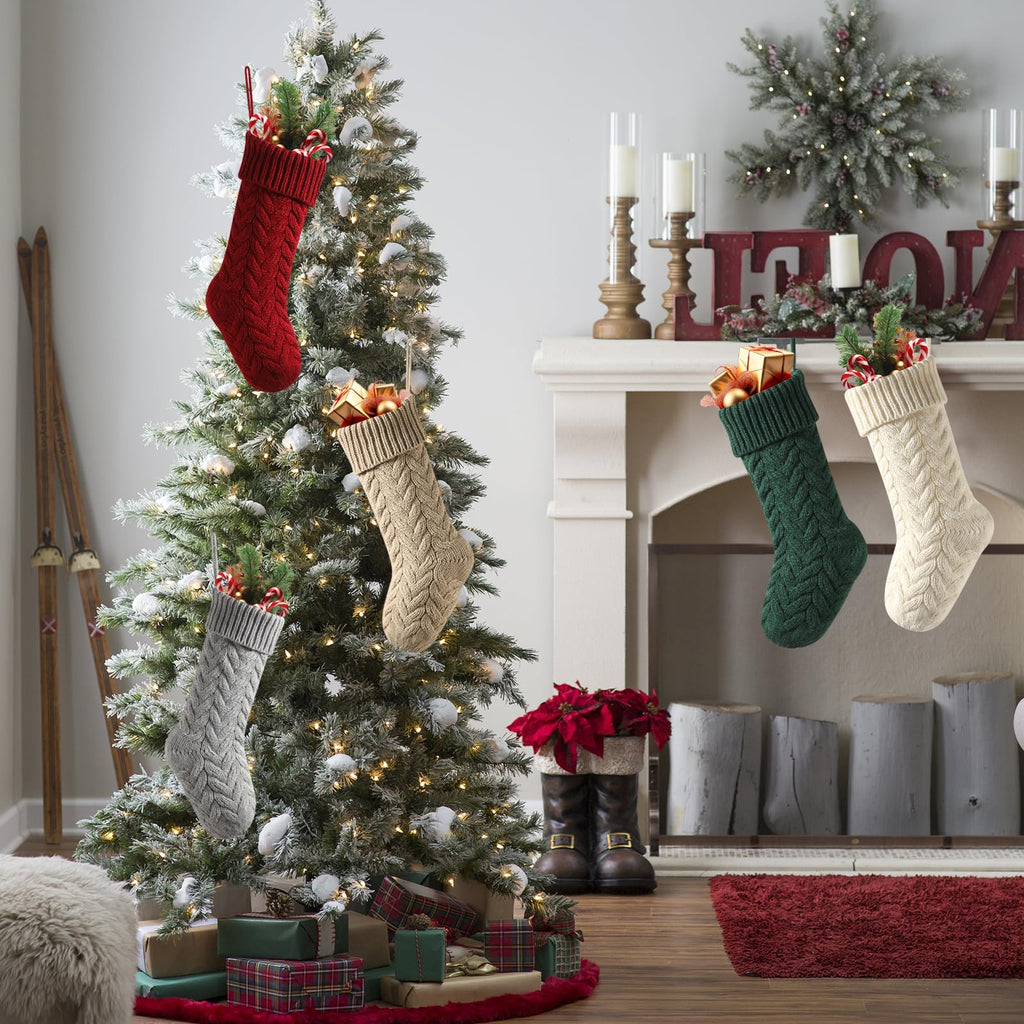 meioro 18 Inches Christmas Stockings, Large Size Cable Knit Christmas Stocking, Fireplace Hanging Xmas Stocking for Holiday Family Party Decoration with Greeting Card(Green)