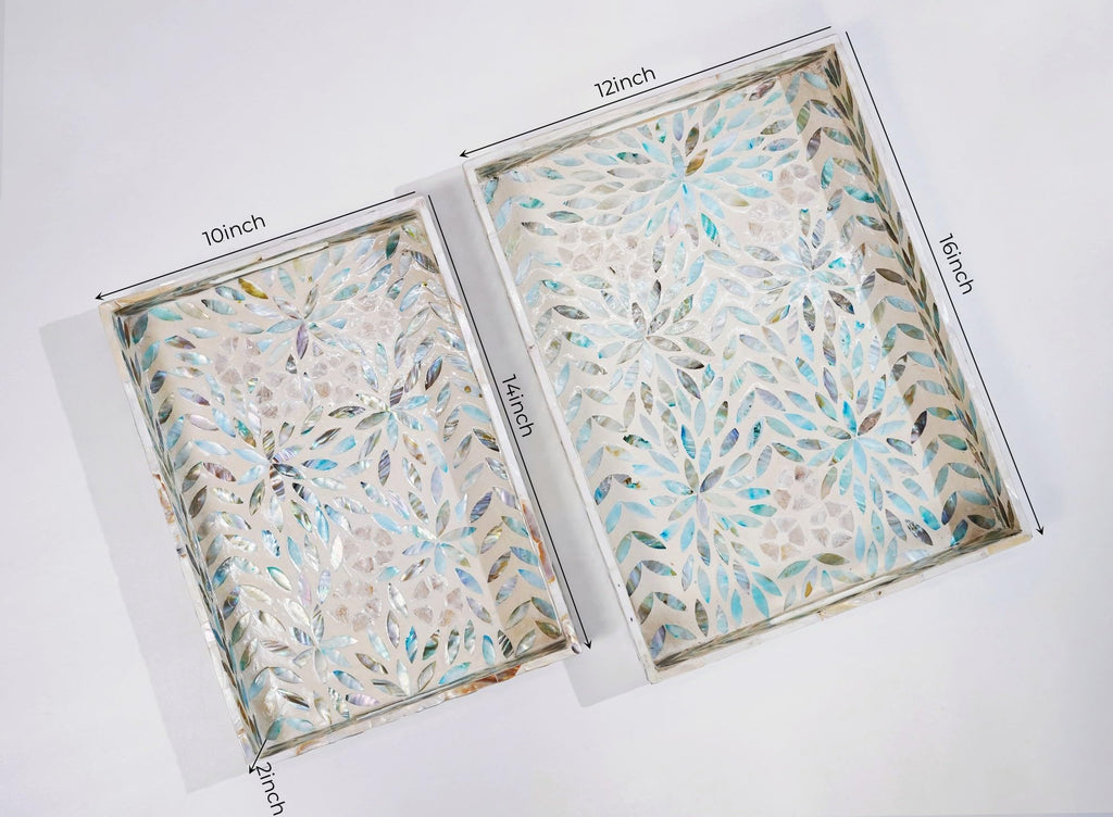 Serving Trays Handmade Trays for Serving Mother of Pearl Inlay Decorative Tray Room Decor, Coffee Table Tray Set of 2 Trays Decor for Ottoman Length 16'' and 14''