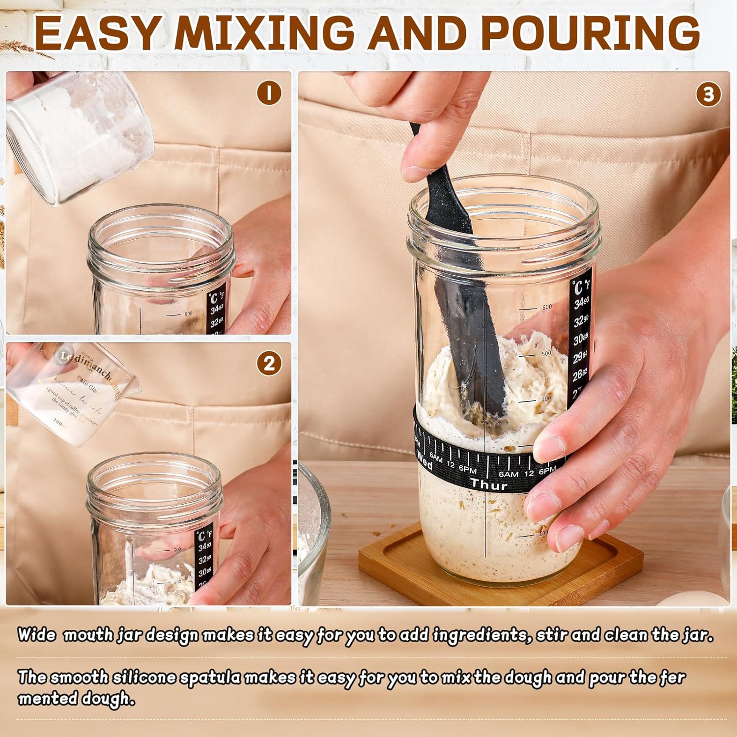 Skiennix Sourdough Starter Kit - 24 oz Glass Jar with Date Marked Feeding Band & Accessories