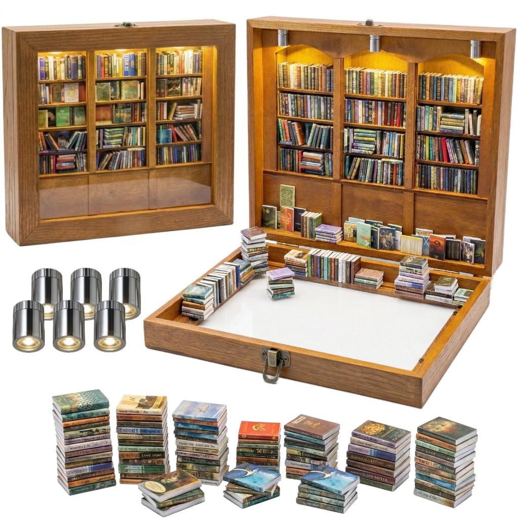 Anxiety Bookshelf with 6 Decorative Mini Lights and 400 Mini Book Pieces, Miniature Bookshelf, Book Organizer for Office Desk, Library Decor for Tiny Home and Bookish Spaces, 10.2 x 9.1 x 3.1 in