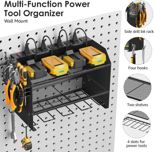 CCCEI Modular Power Tool Organizer - Wall Mount Charging Station with Heavy Duty Shelf & Hooks | Black, 1 Pack