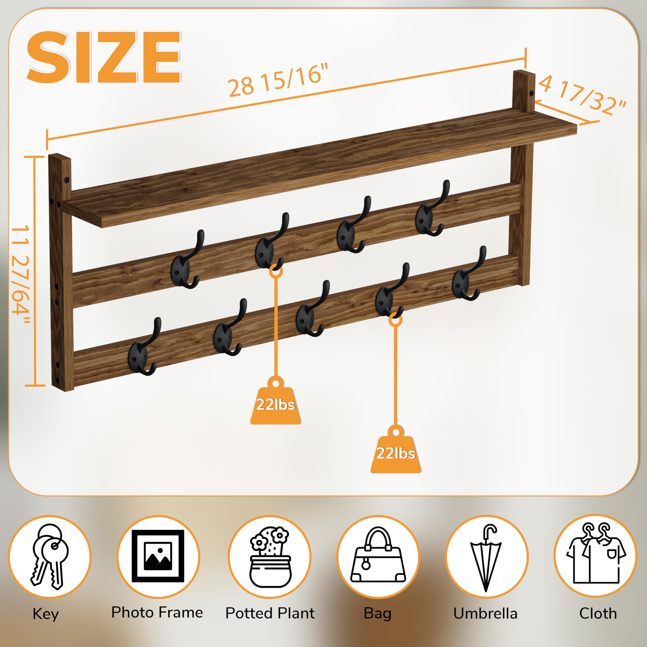AMBIRD Coat Rack Wall Mount with Shelf, 29" Coat Hooks Wall Mounted with 9 Metal Hooks for Entryway, Bathroom, Bedroom, Living Room, Kitchen, 2 Tier Wall Hooks for Clothes, Hat, Towel, Key, Purse