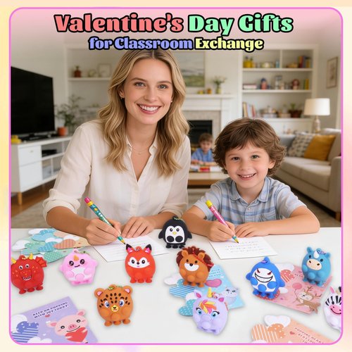Kiddelo 24 Pack Valentines Day Cards for Kids School Classroom Exchange, Animal Pop Fidget Suction Keychains with 24 Cards, 12 Designs Non Candy Party Favors and Goodie Bag Stuffers