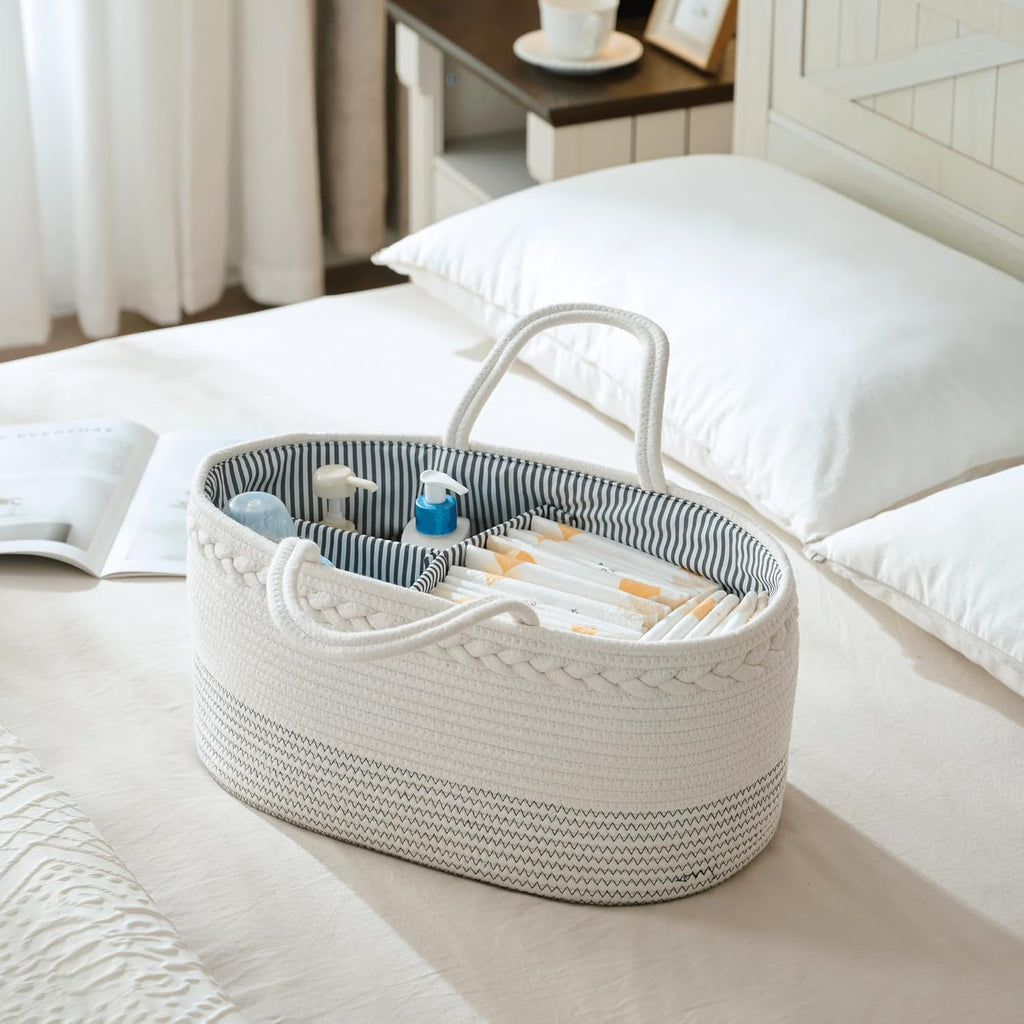 Skiennix Diaper Caddy Organizer - Large Cotton Rope Baby Basket for Nursery & Changing Table (Off White)