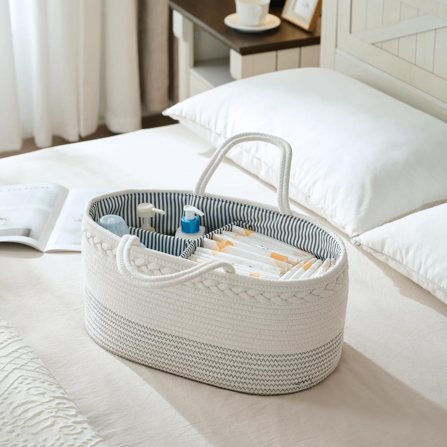 Skiennix Diaper Caddy Organizer - Large Cotton Rope Baby Basket for Nursery & Changing Table (Off White)
