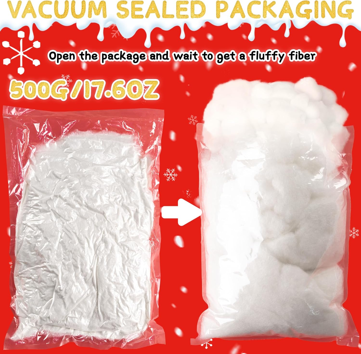 YUNAI Artificial Snow Decorations - Fluffy Cotton Stuffing for Crafts | 500g/17.64oz for Winter Decor