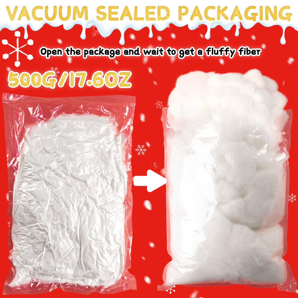 YUNAI Christmas Fake Snow Decorations 500g/17.64oz, Artificial Snow Fake Clouds Cotton Stuffing for Crafts, Fluffy Fiber Poly Fill Indoor for Pillow Winter Christmas Tree Village Mantle Nativity Decor