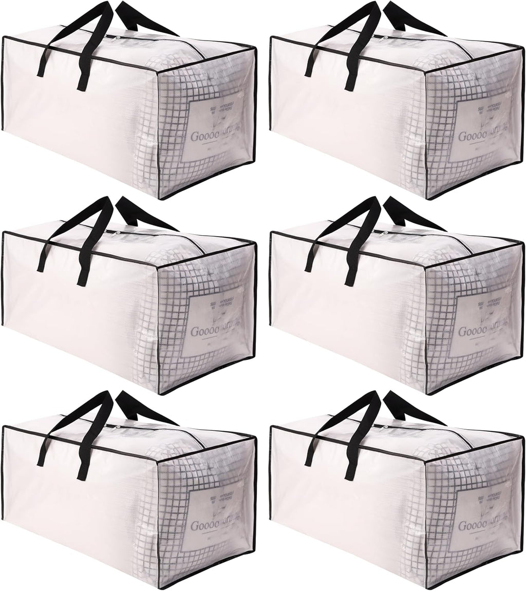 Sweet Dolphin Extra Large Moving Bags - Heavy Duty Storage Totes with Strong Zippers & Handles | 6 Pack, Semi-Transparent