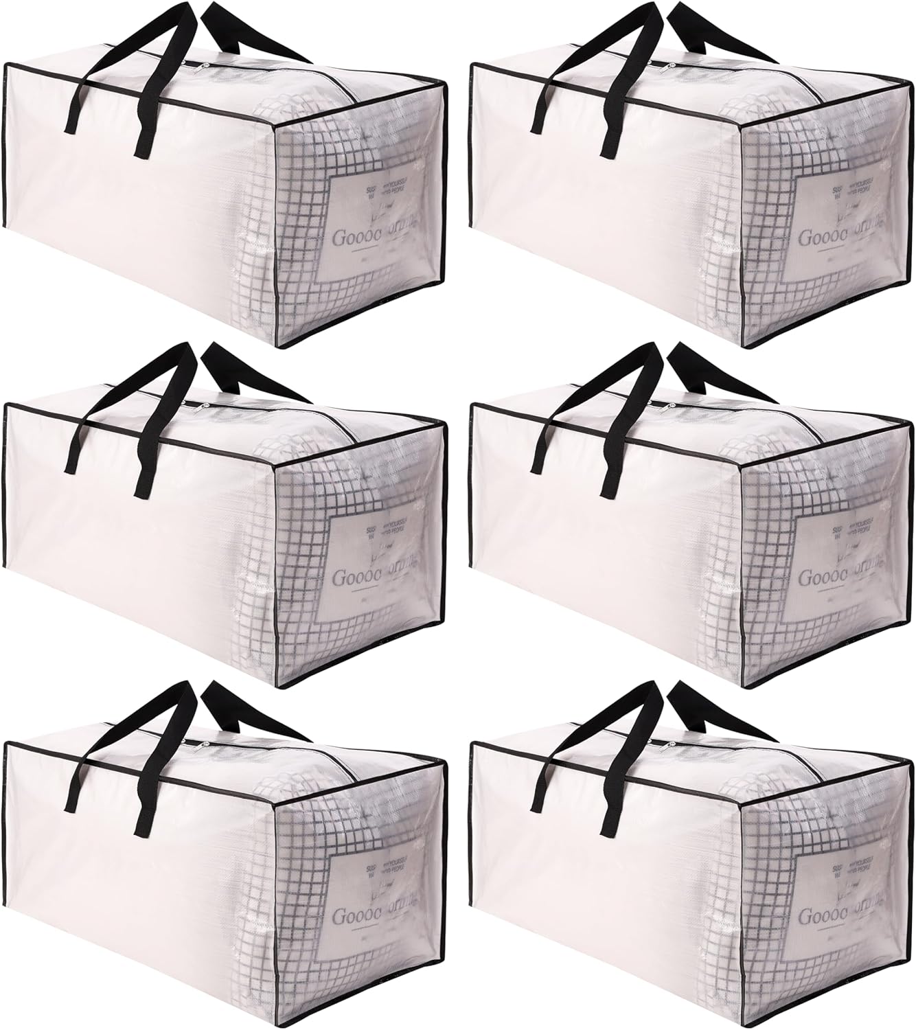 Sweet Dolphin Extra Large Moving Bags - Heavy Duty Storage Totes with Strong Zippers & Handles | 6 Pack, Semi-Transparent