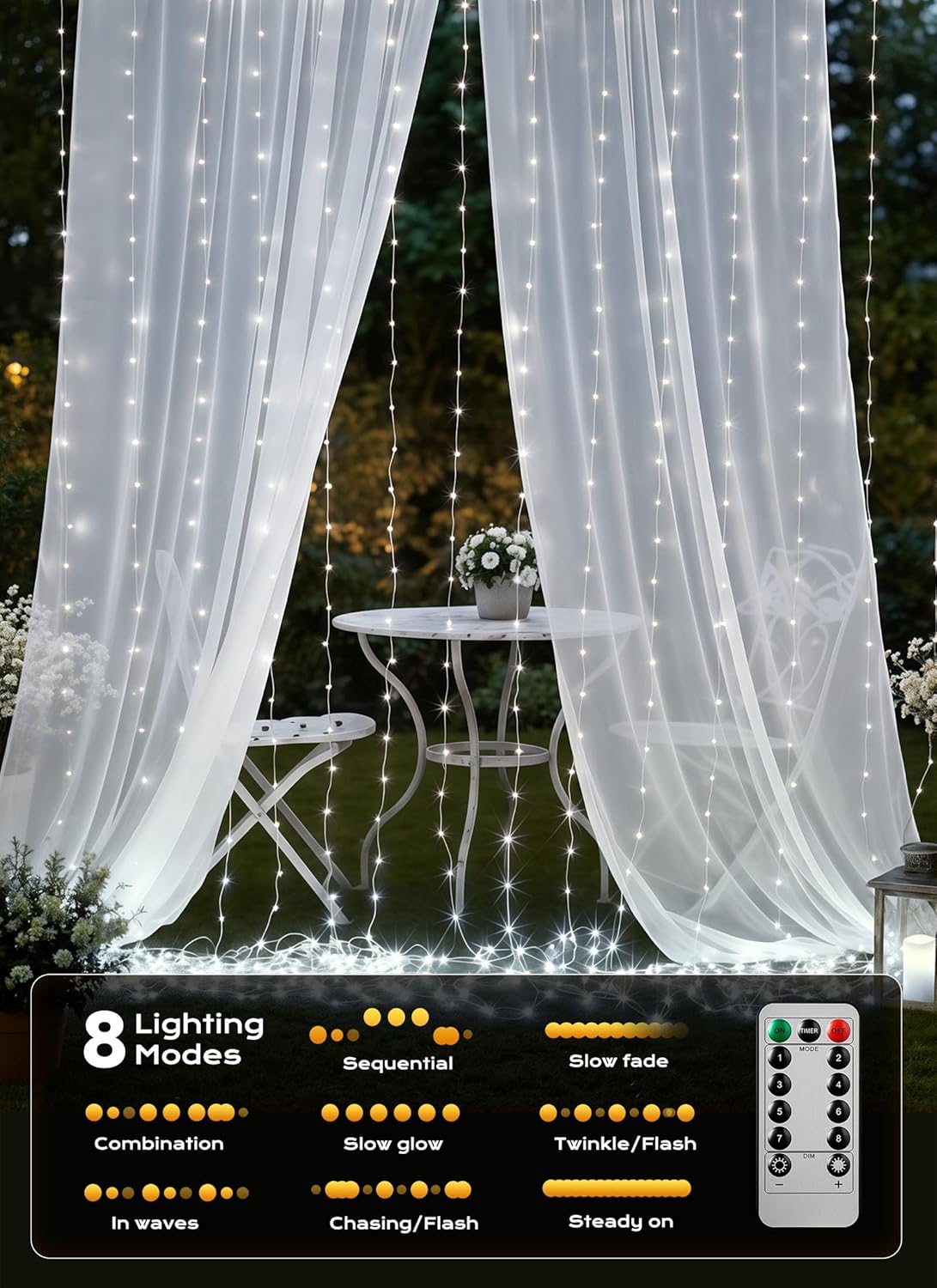 Brightown Curtain String Lights - Waterproof Fairy Lights with Remote | 300 LEDs, 8 Modes for Weddings & Parties